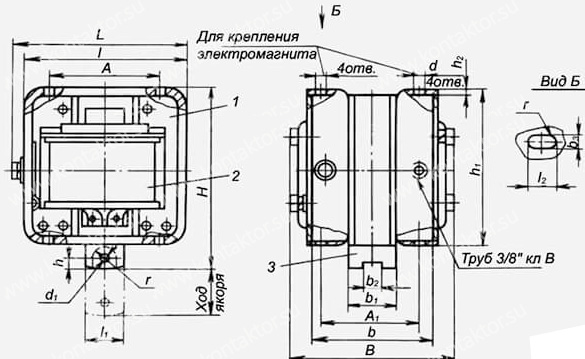 Габаритный чертеж электромагнита МИС 4100 тянущего исполнения