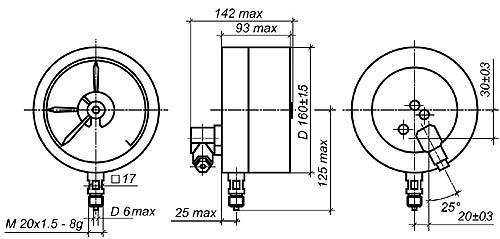 Чертеж манометра электроконтактного ДМ2005Сг (радиальное присоединение штуцера без фланца) 